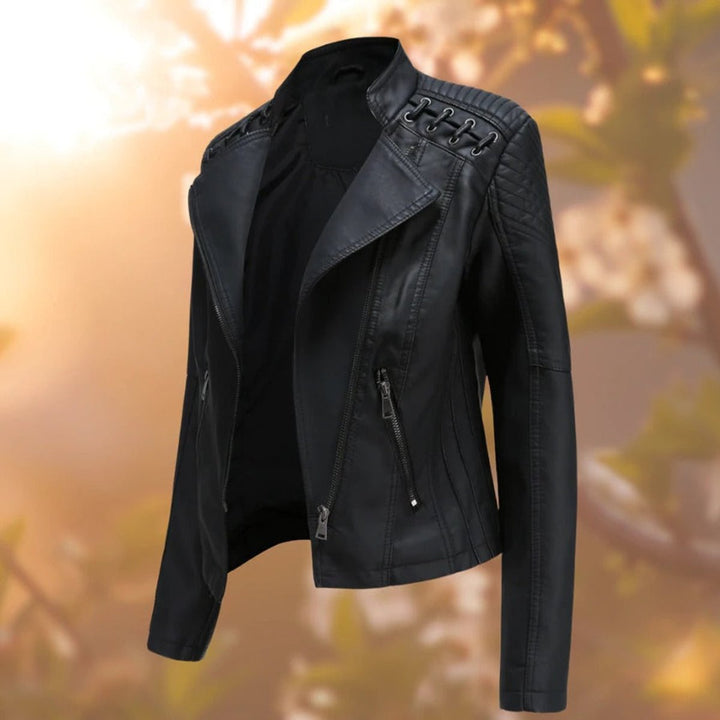 Elisabeth biker jacket in black, side angle view showing fitted silhouette