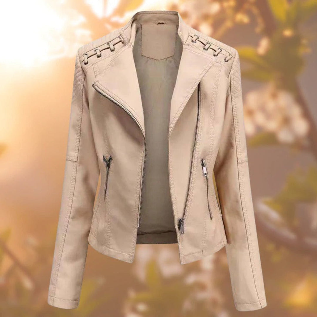 Elisabeth biker jacket in beige, front view with stand collar