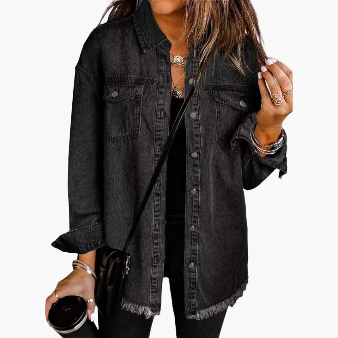 Elodie oversized denim jacket in black, front view with chest pockets and frayed hem