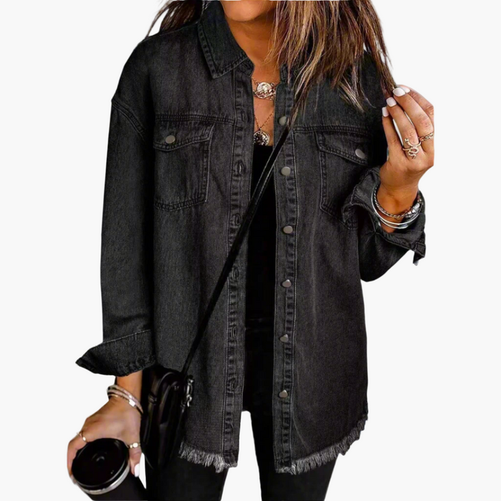 Elodie oversized denim jacket in black, front view with chest pockets and frayed hem