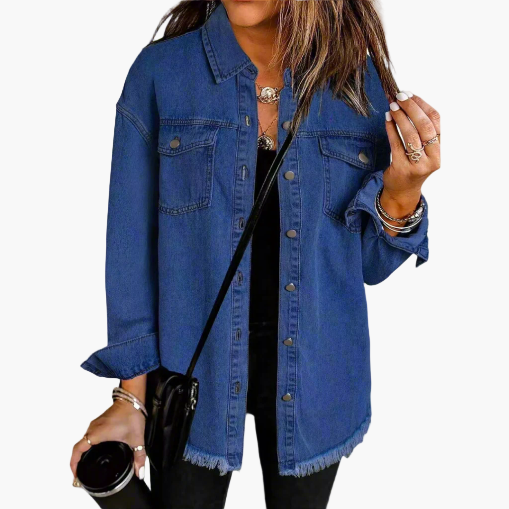 Elodie oversized denim jacket in dark blue wash, front view with collared neckline