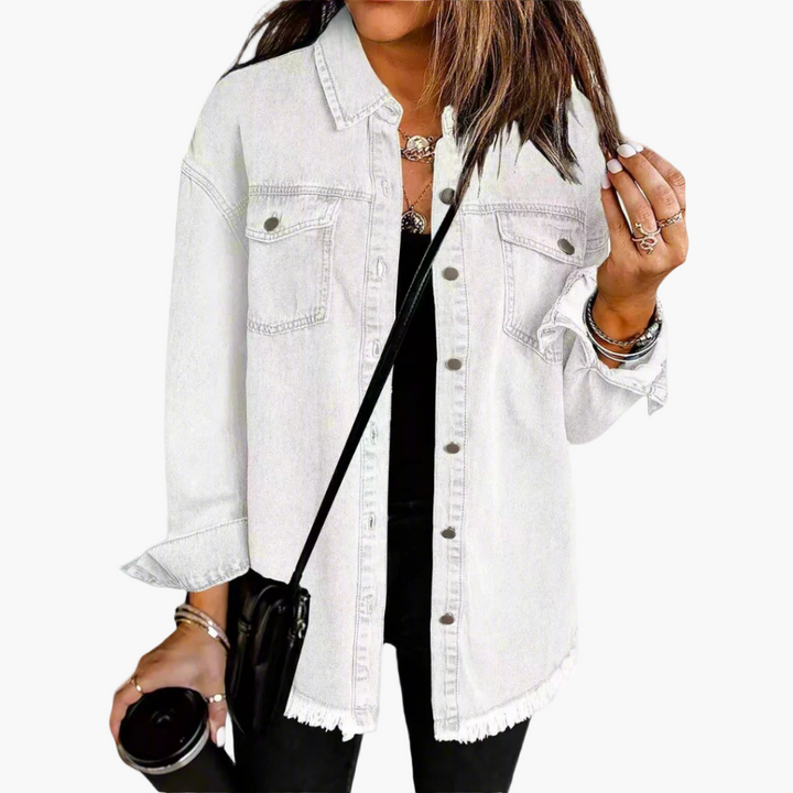Elodie oversized denim jacket in white wash, front view with chest pockets