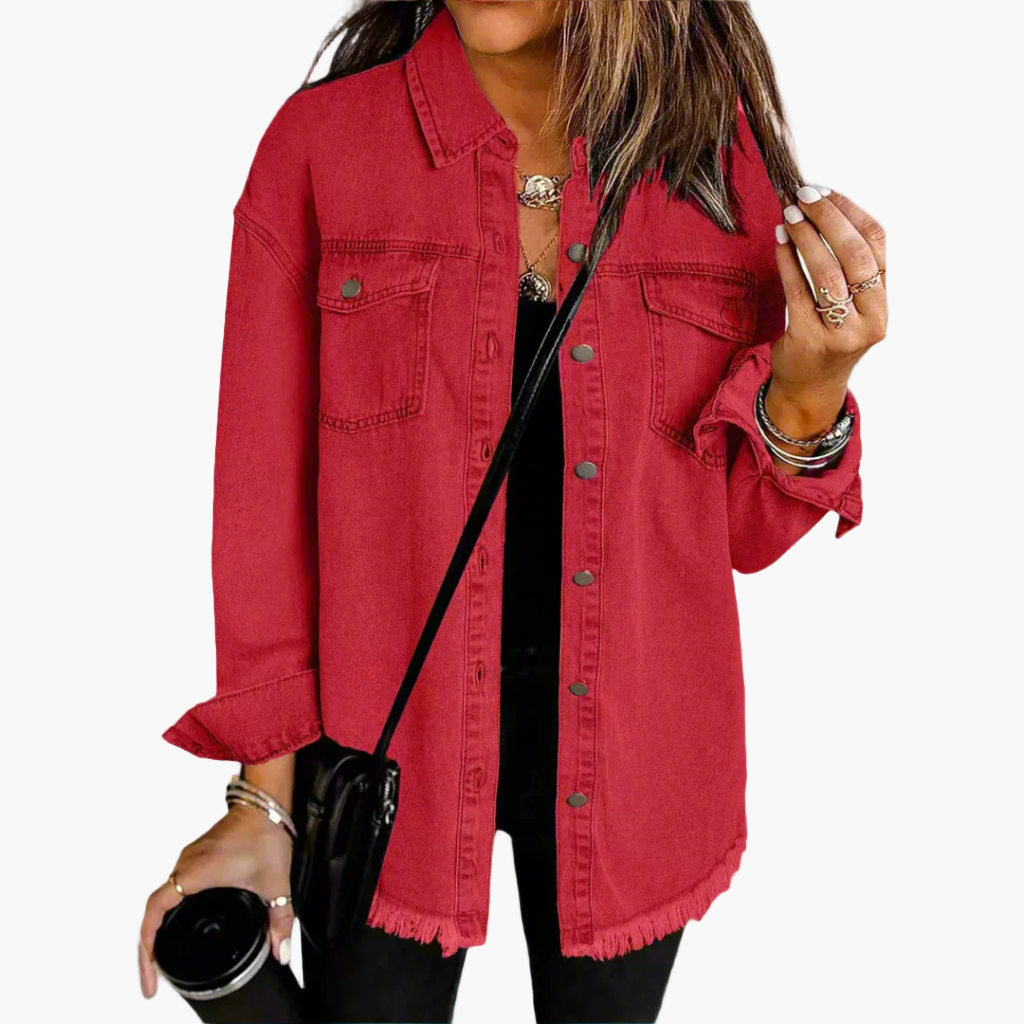 Elodie oversized denim jacket in red wash, front view with frayed hem