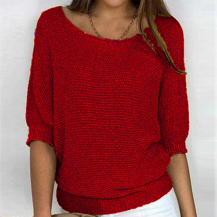 Eloise red batwing sleeve boat neck jumper, front view