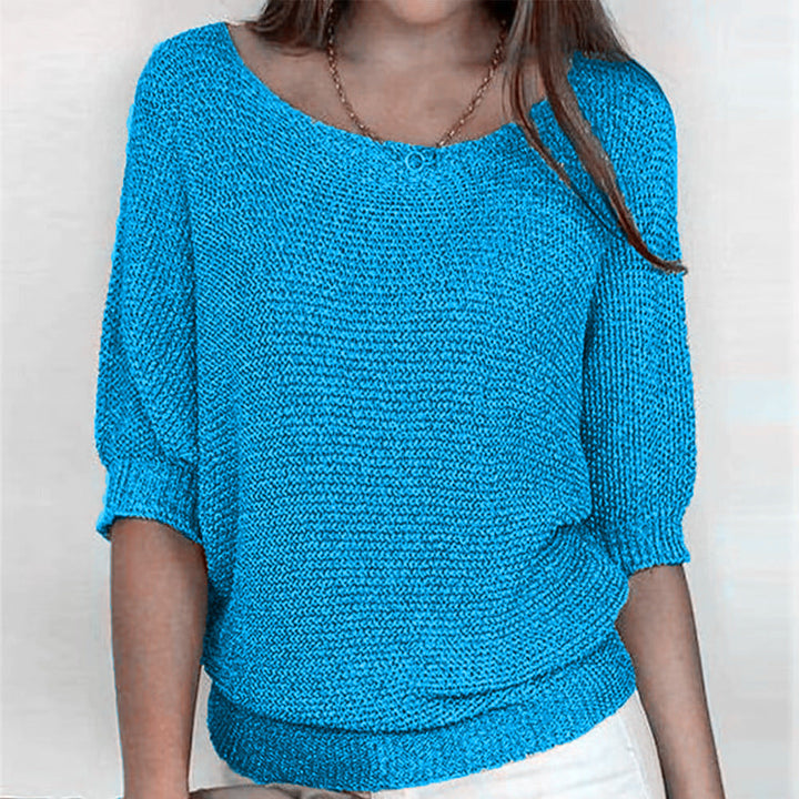 Eloise blue batwing sleeve boat neck jumper, front view