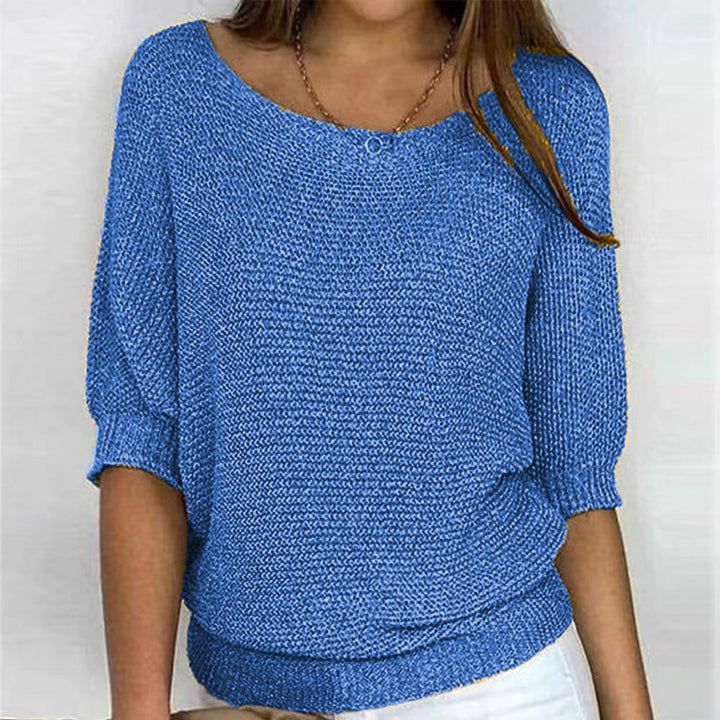 Eloise blue batwing sleeve boat neck jumper, close front view