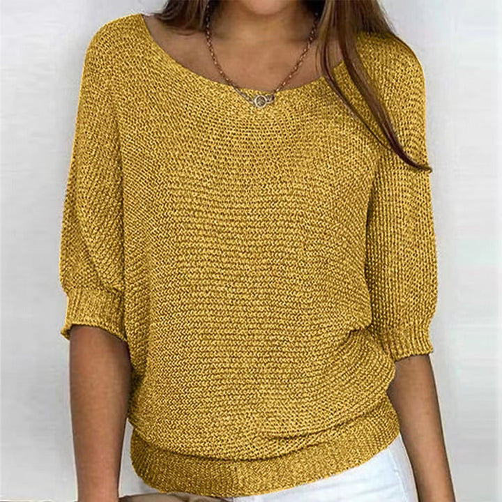 Eloise mustard yellow batwing sleeve boat neck jumper, front view