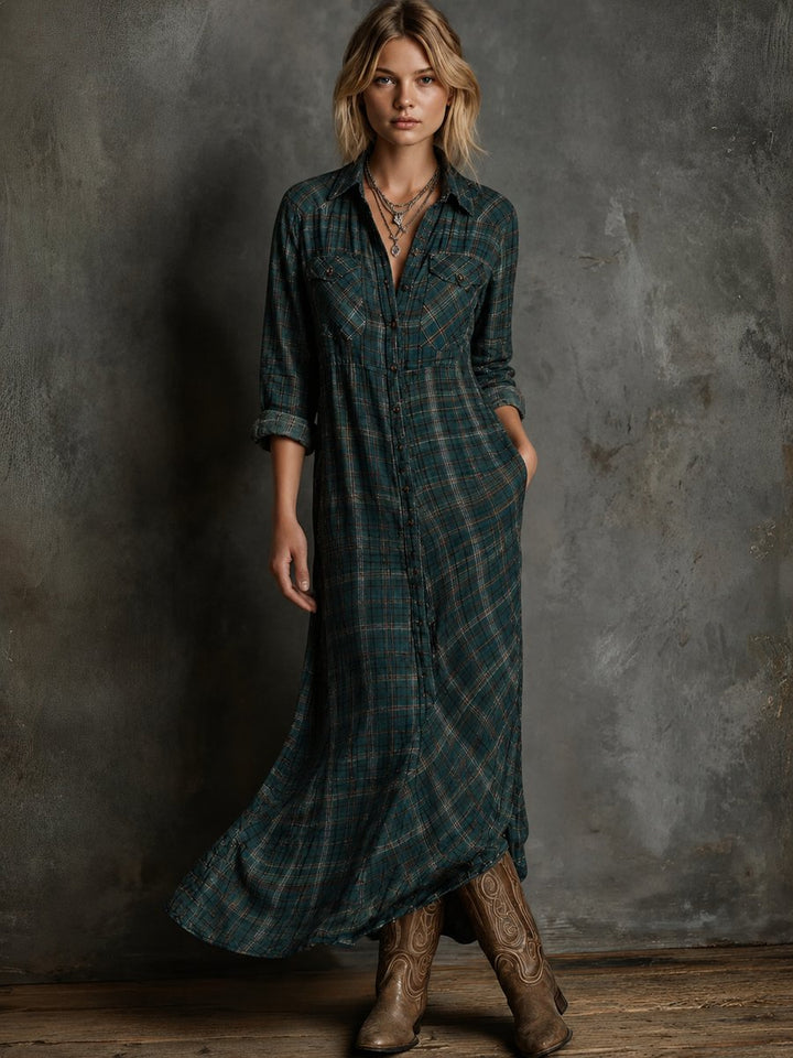 Emilia checkered maxi shirt dress in green plaid, front view