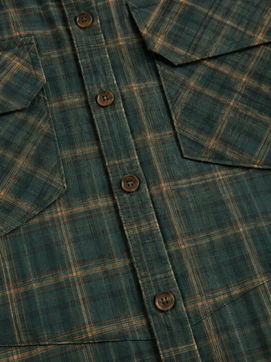 Close-up of button placket and chest pocket on Emilia checkered maxi dress