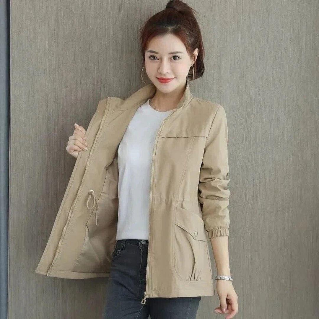 Felicity lightweight zip-up bomber jacket in khaki, front view with drawstring waist