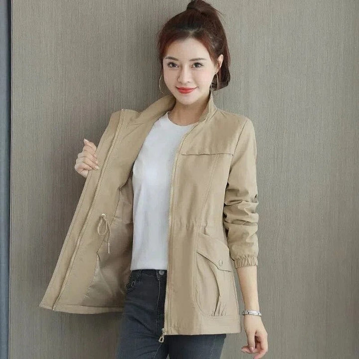 Felicity lightweight zip-up bomber jacket in khaki, front view with drawstring waist