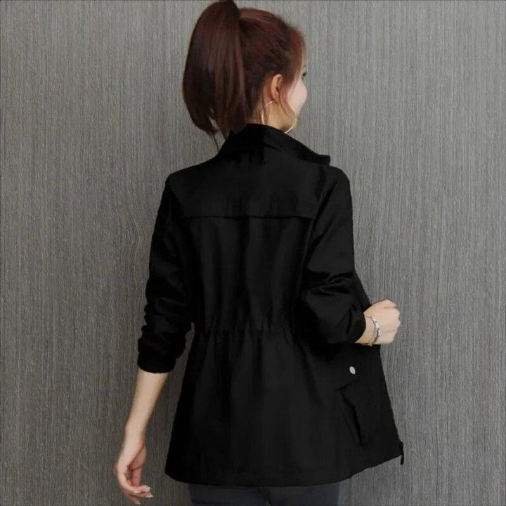 Felicity cropped bomber jacket in black, back view showing stand collar