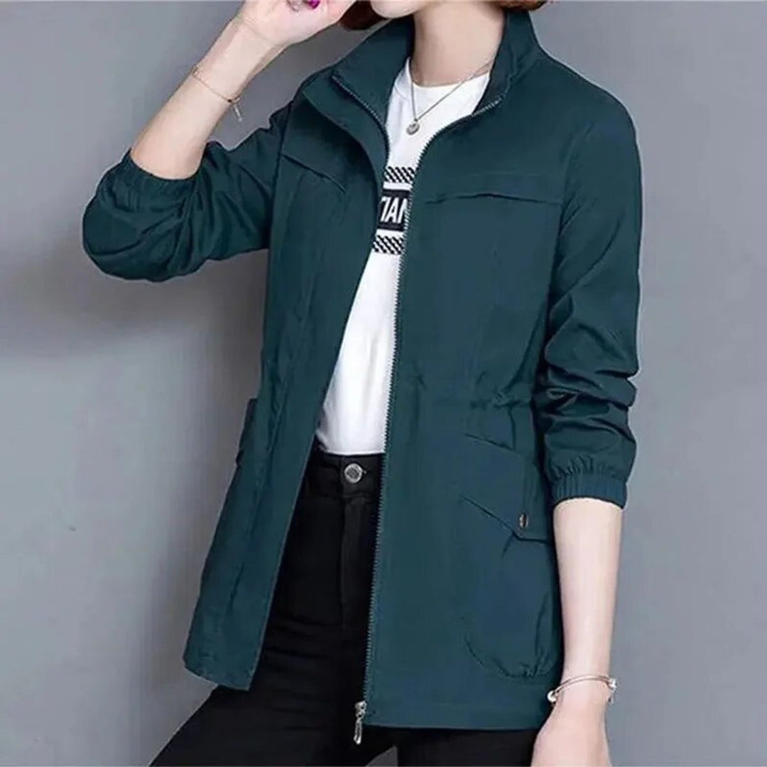 Felicity lightweight jacket in teal, front view with zip open over t-shirt