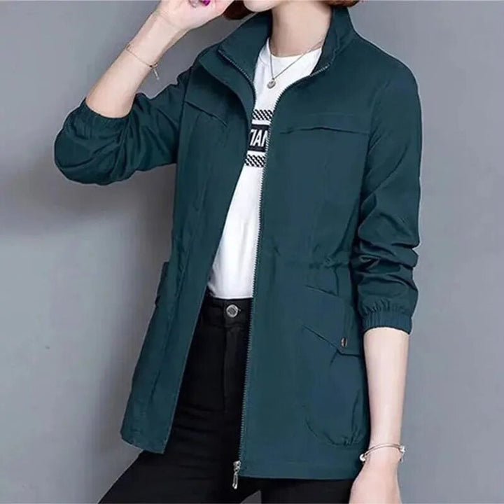 Felicity lightweight jacket in teal, front view with zip open over t-shirt