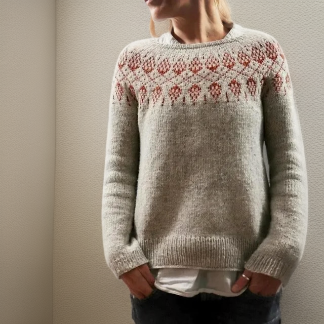 Fenella Fair Isle round neck jumper, front view close-up of patterned yoke