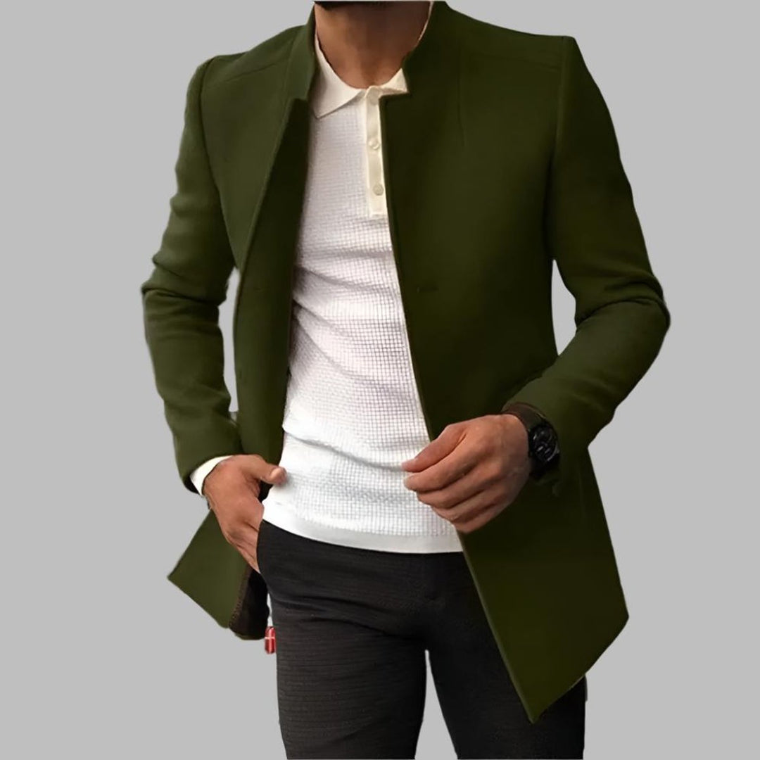 Frederick slim-fit collarless open-front coat in green, front view