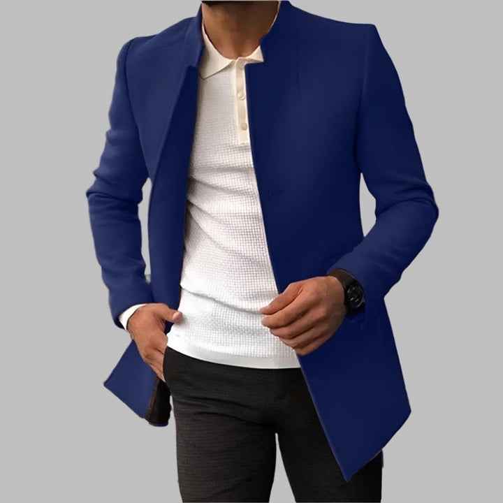 Frederick slim-fit collarless open-front coat in blue, front view