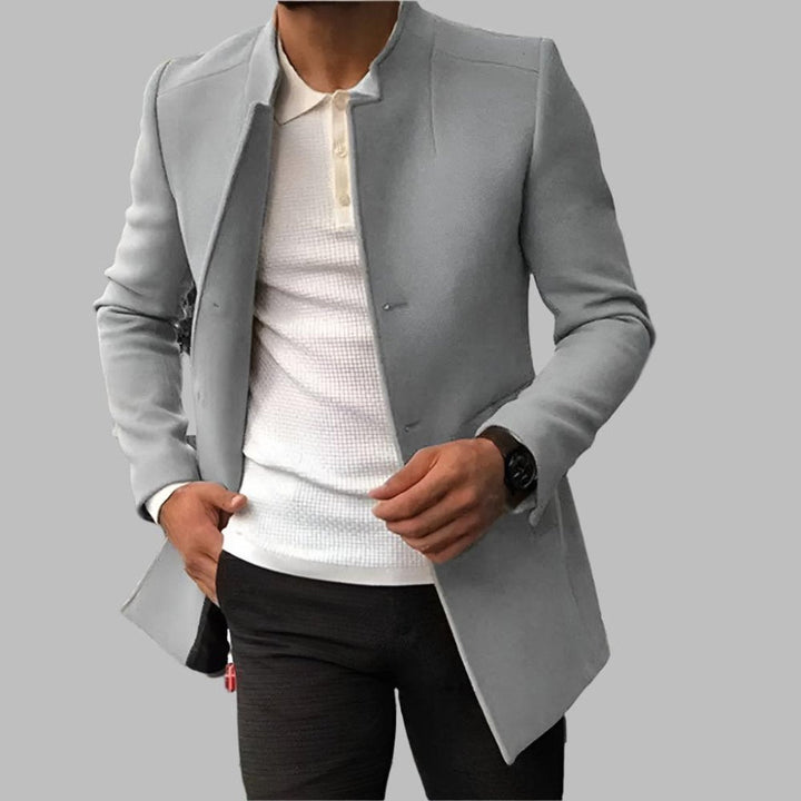 Frederick slim-fit collarless open-front coat in grey, front view