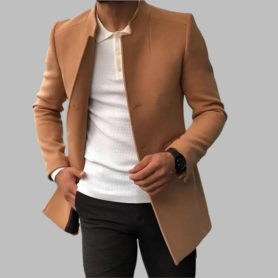 Frederick slim-fit collarless open-front coat in camel, front view