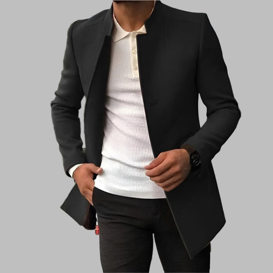 Frederick slim-fit collarless open-front coat in black, front view