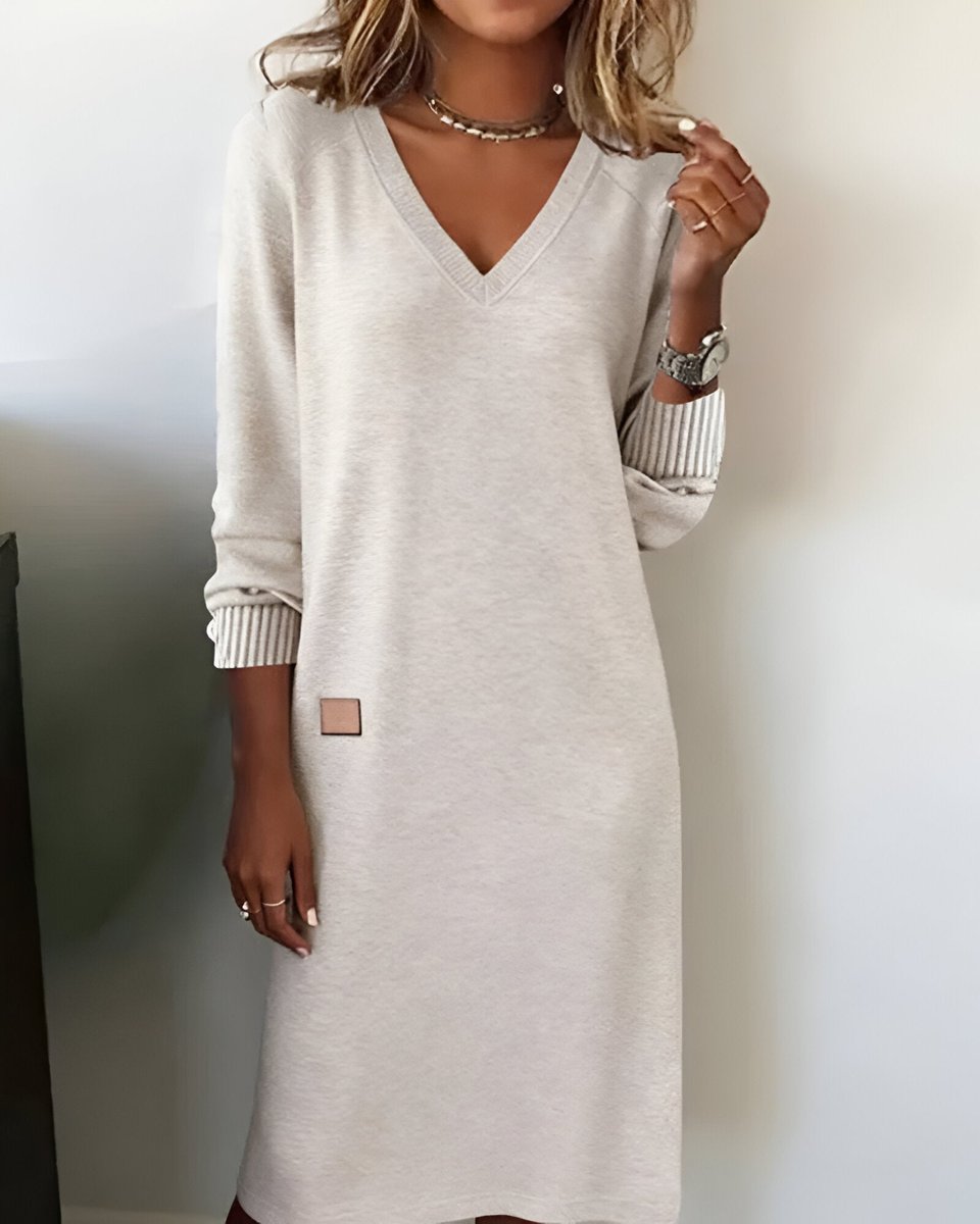Freya oatmeal V-neck long sleeve midi dress, front view