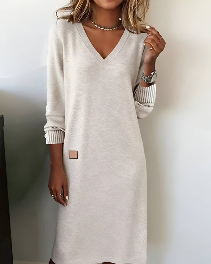 Freya oatmeal V-neck long sleeve midi dress, front view