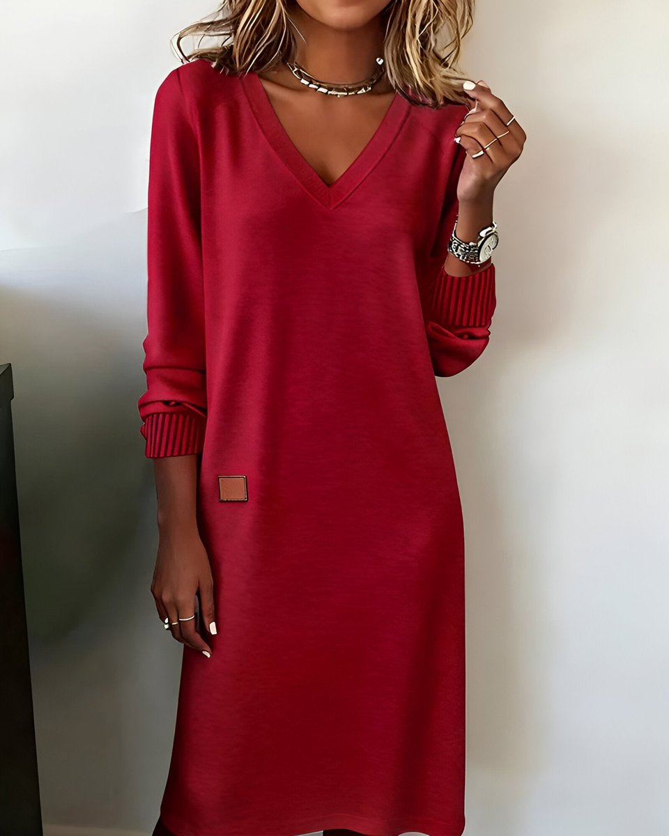 Freya red V-neck long sleeve midi dress, front view