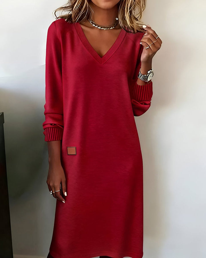 Freya red V-neck long sleeve midi dress, front view