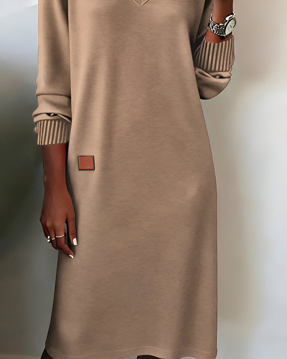 Freya taupe midi dress, close-up of sleeve and leather patch detail
