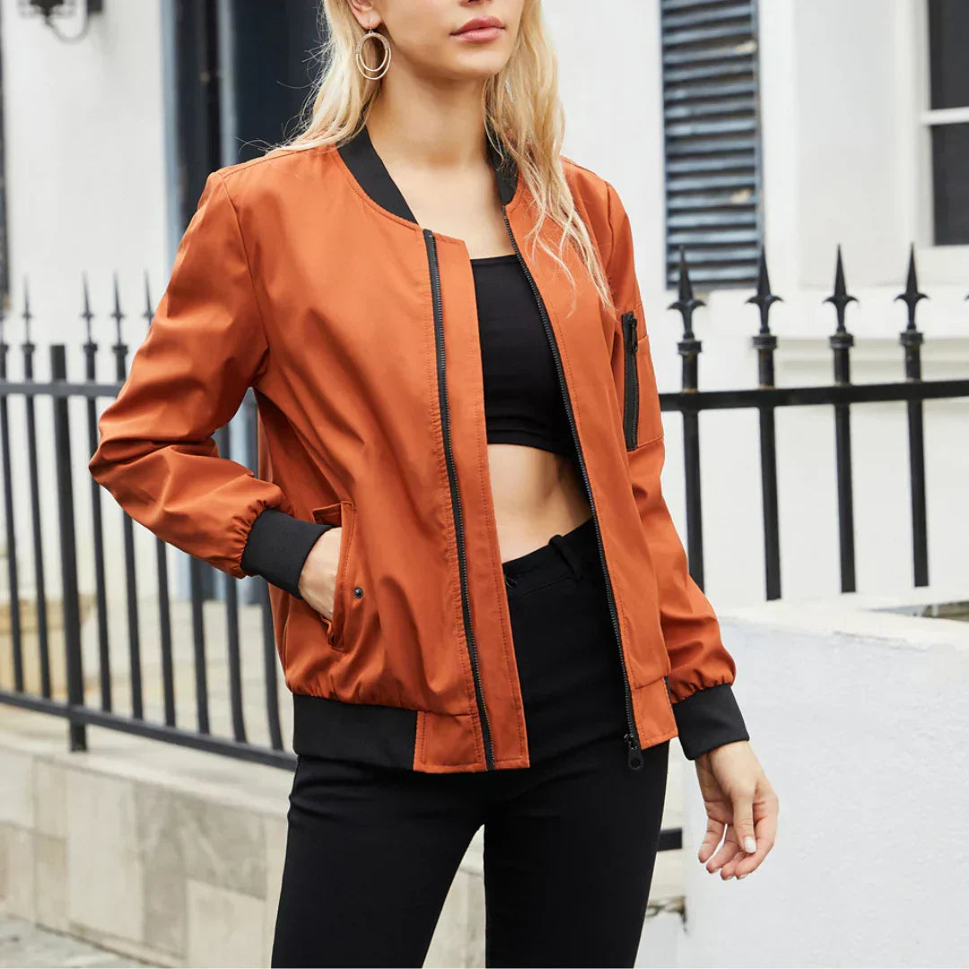Freya caramel bomber jacket with contrast ribbed trims, front view