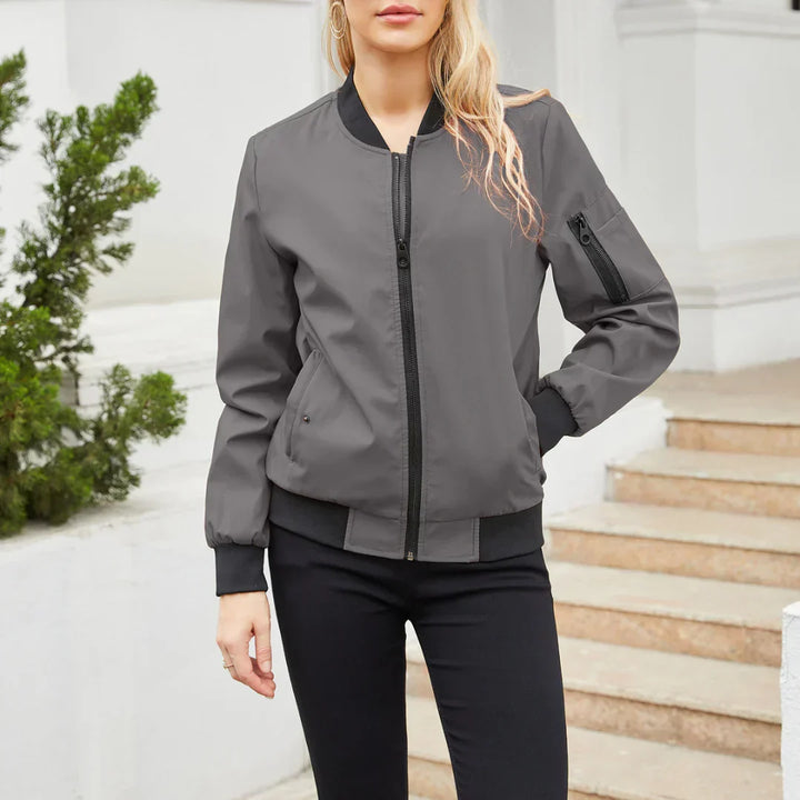Freya dark grey bomber jacket with full front zip, front view