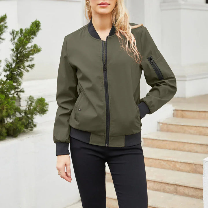 Freya military green bomber jacket with ribbed cuffs, front view