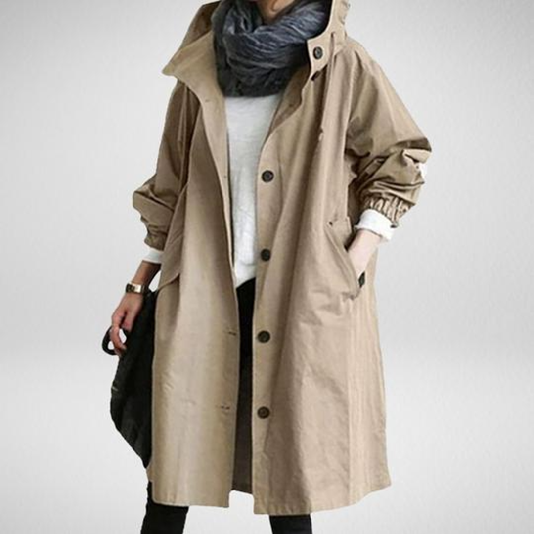 Freya hooded longline rain jacket in beige, front view with scarf styling