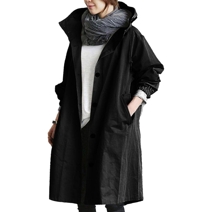 Freya hooded longline rain jacket in black, front view