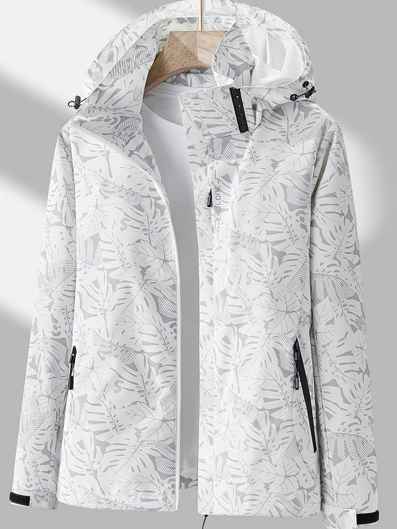 Freya hooded leaf print rain jacket in white, front view on hanger
