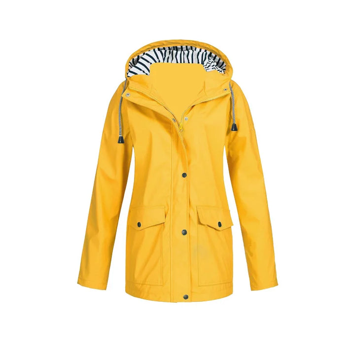 Freya hooded rain jacket in yellow, front view