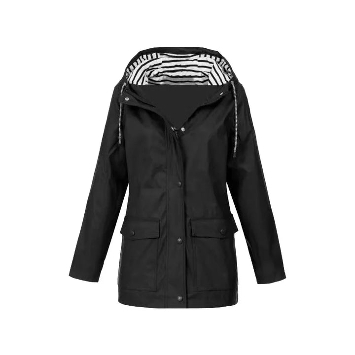Freya hooded rain jacket in black, front view