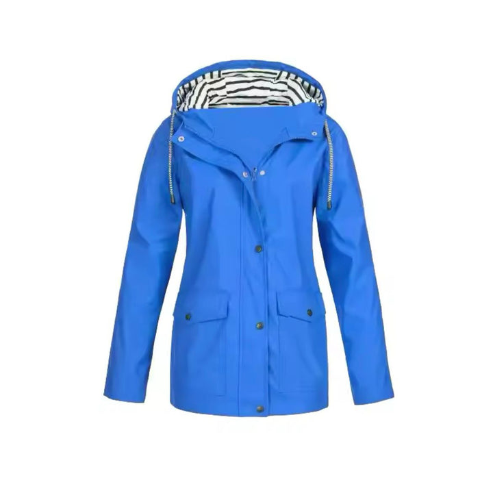 Freya hooded rain jacket in blue, front view
