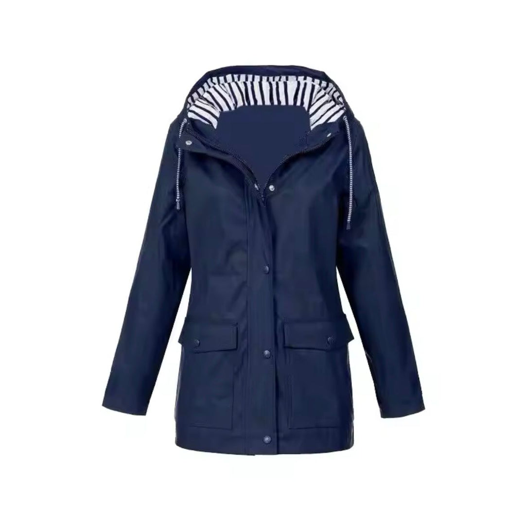Freya hooded rain jacket in navy, front view