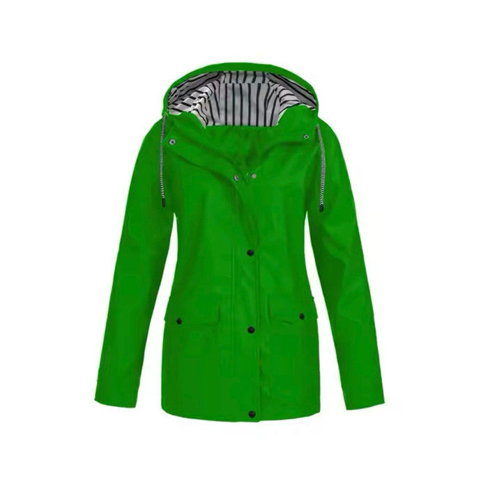 Freya hooded rain jacket in green, front view