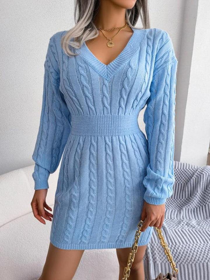 Frieda light blue cable-knit V-neck mini dress, front view
