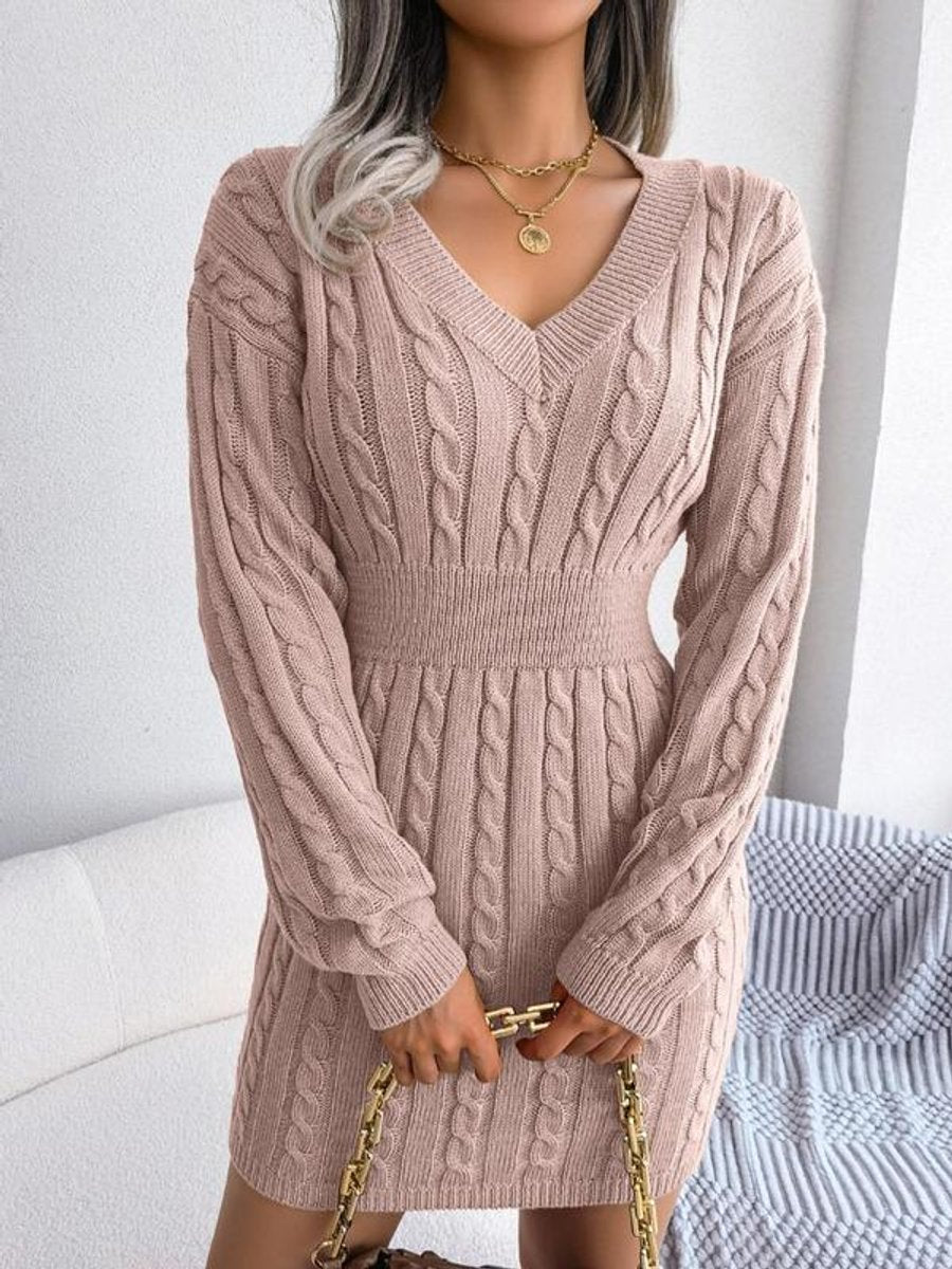 Frieda dusty pink cable-knit V-neck mini dress, front view