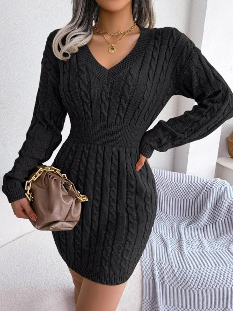 Frieda black cable-knit V-neck mini dress, front view