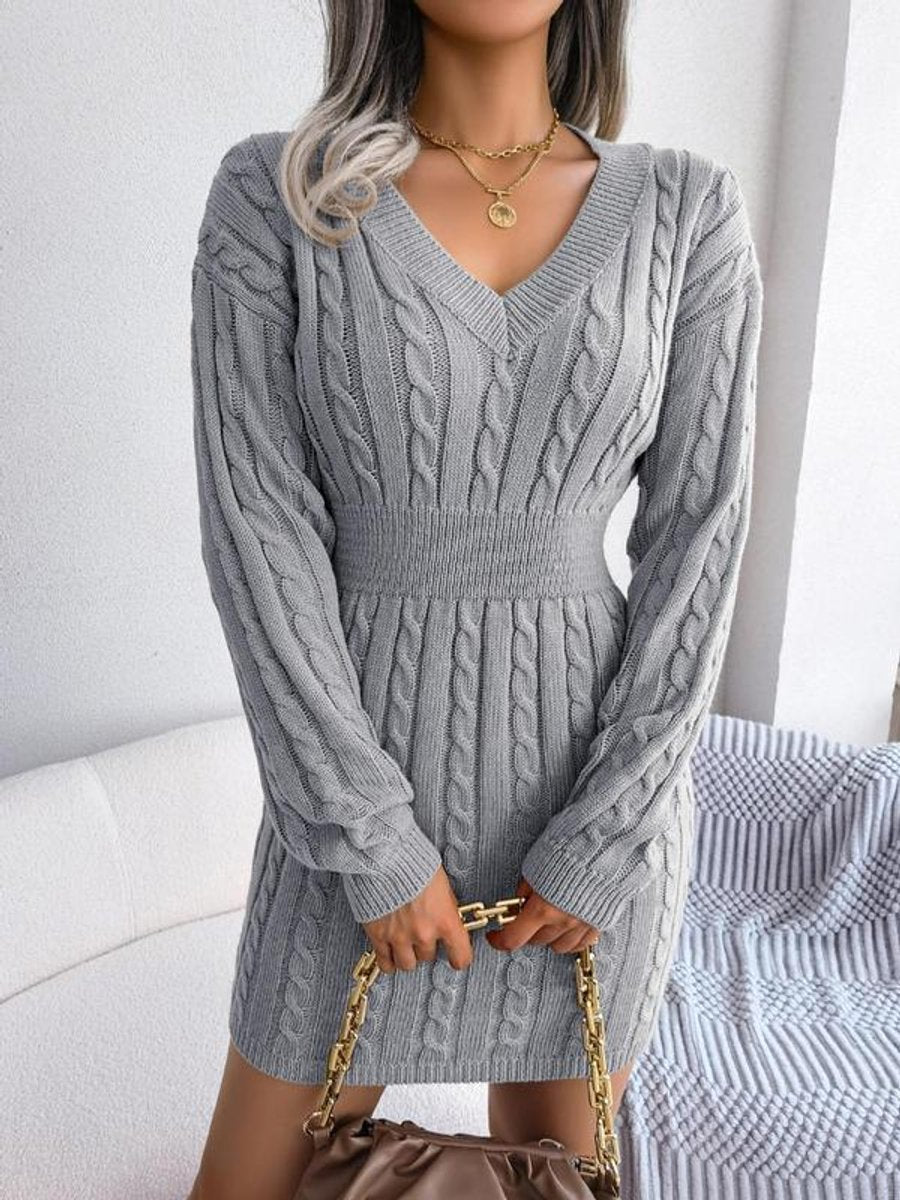 Frieda grey cable-knit V-neck mini dress, front view