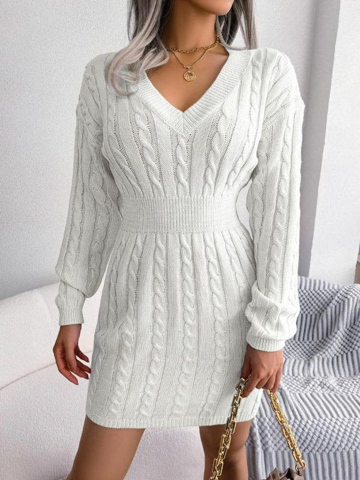 Frieda cream white cable-knit V-neck mini dress, front view