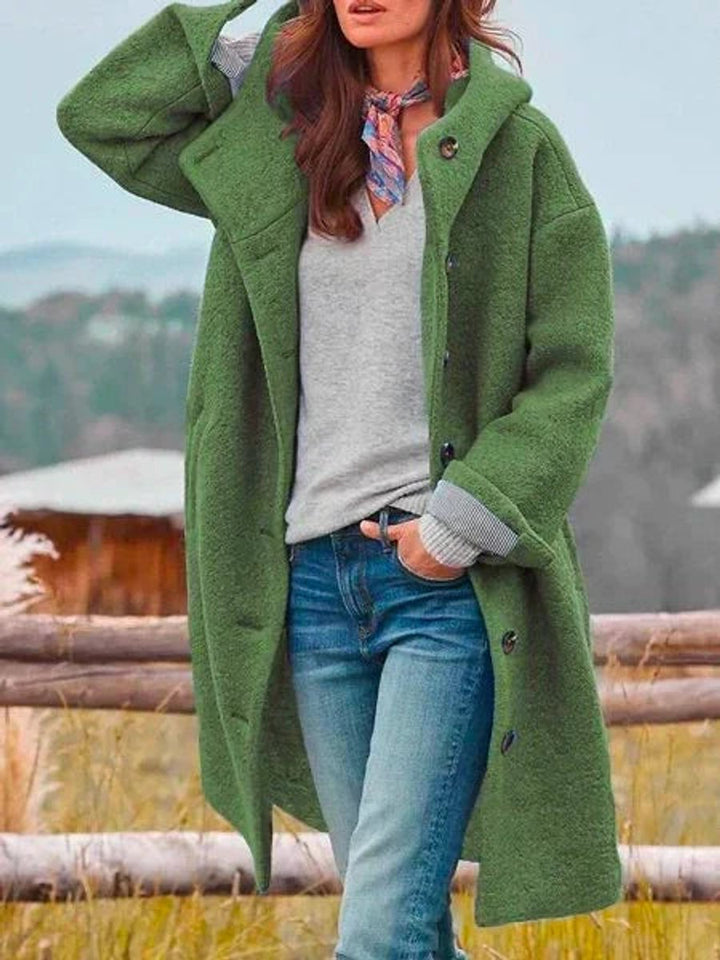 Genevieve hooded button-front long coat in green, front view with hood raised
