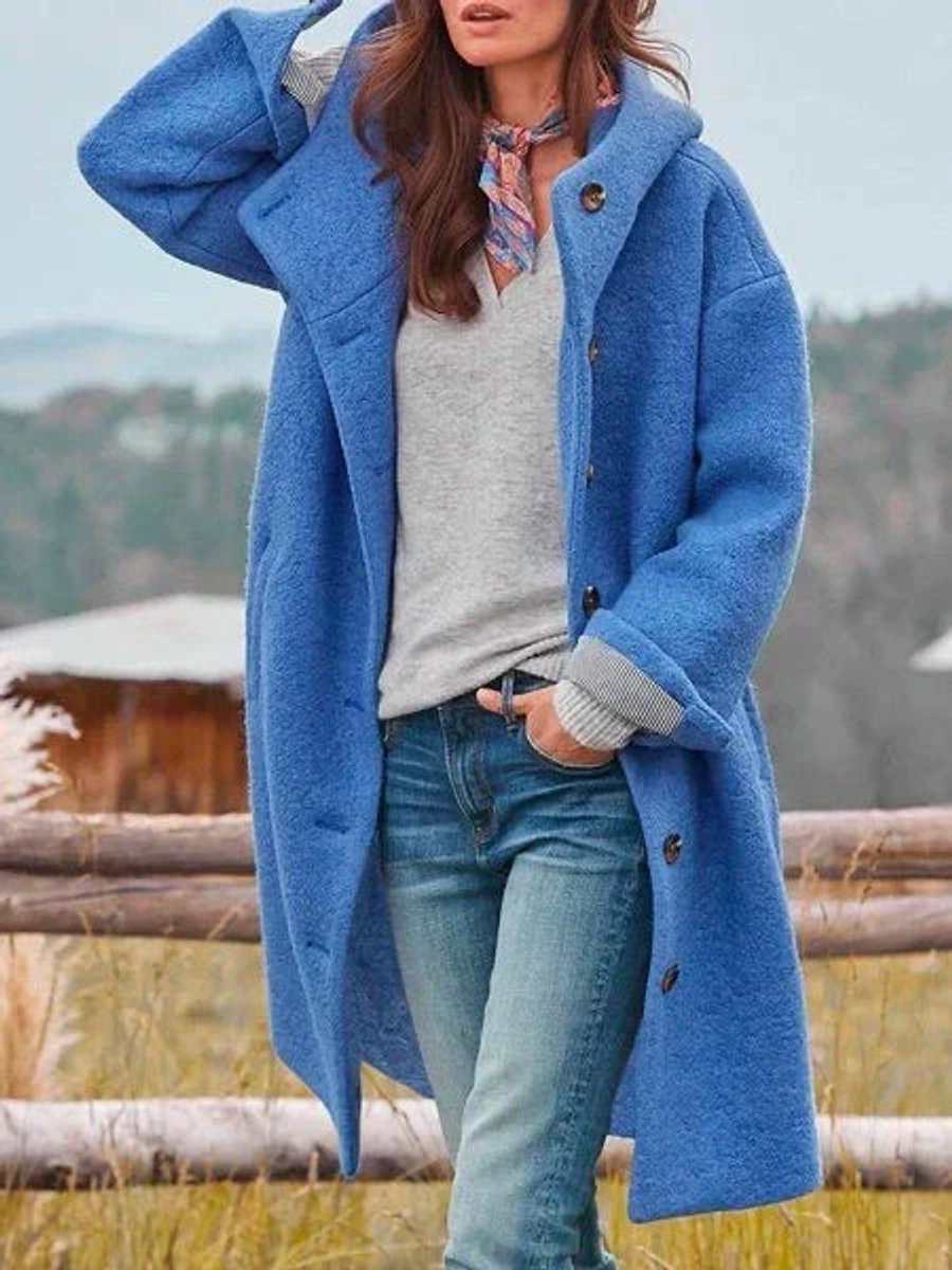 Genevieve hooded button-front long coat in blue, front view with hood raised