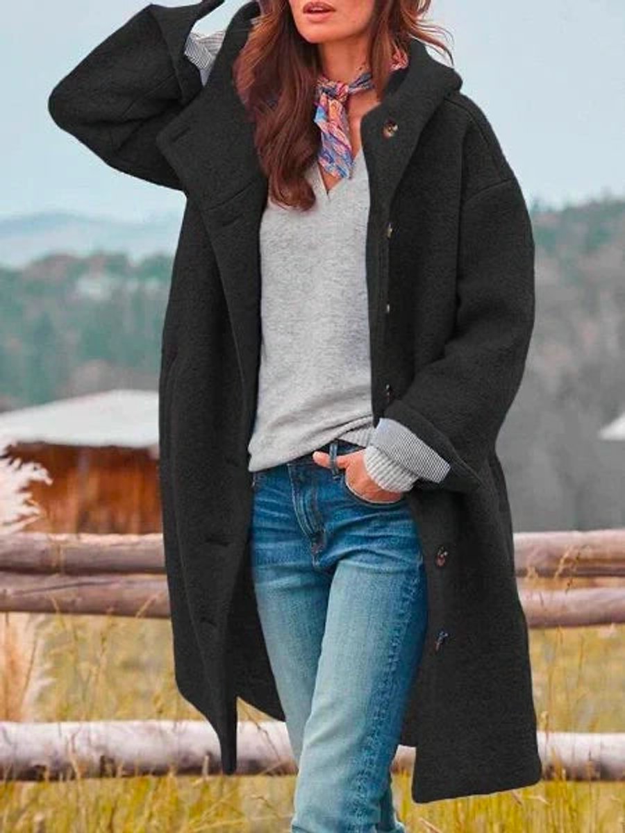 Genevieve hooded button-front long coat in black, front view with hood raised