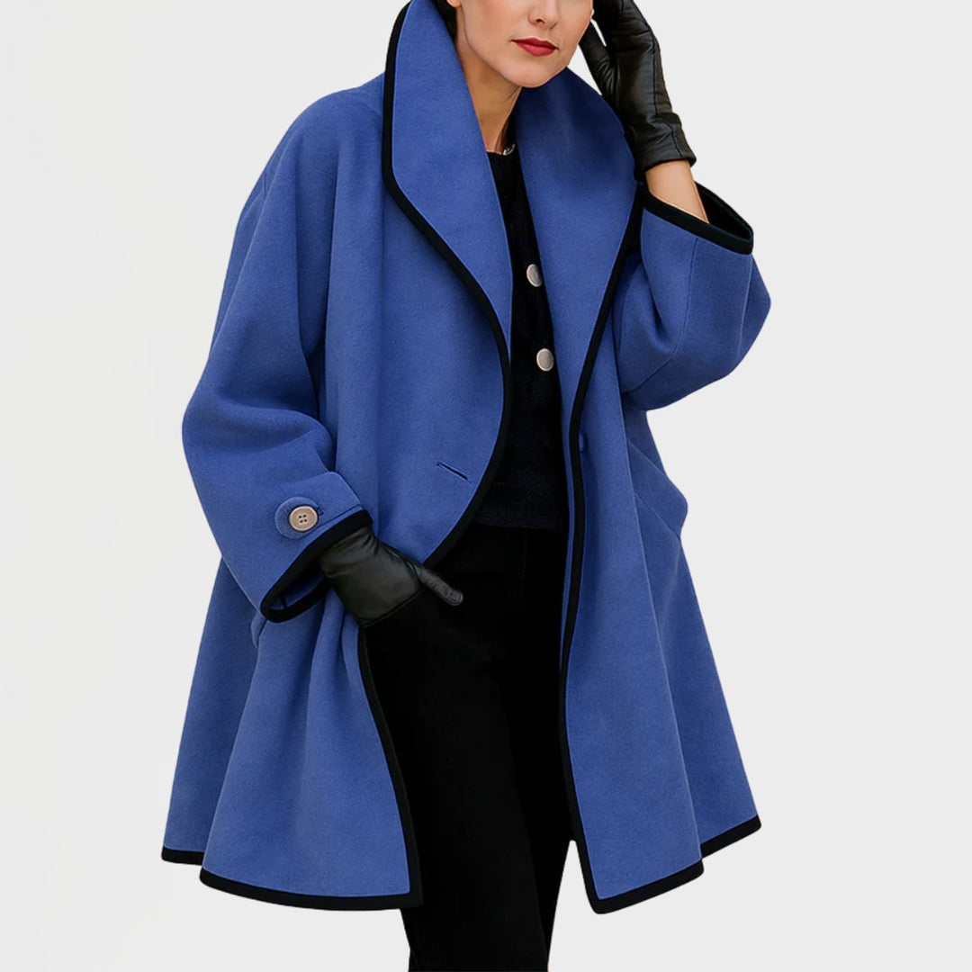 Genevieve oversized contrast-trim coat, front view with wide lapel collar