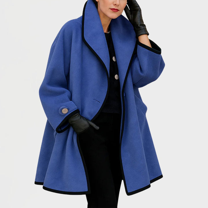 Genevieve oversized contrast-trim coat, front view with wide lapel collar